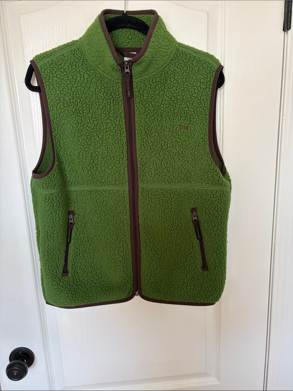 TNA Olive Green Sherpa Zip Vest with Brown Trim
